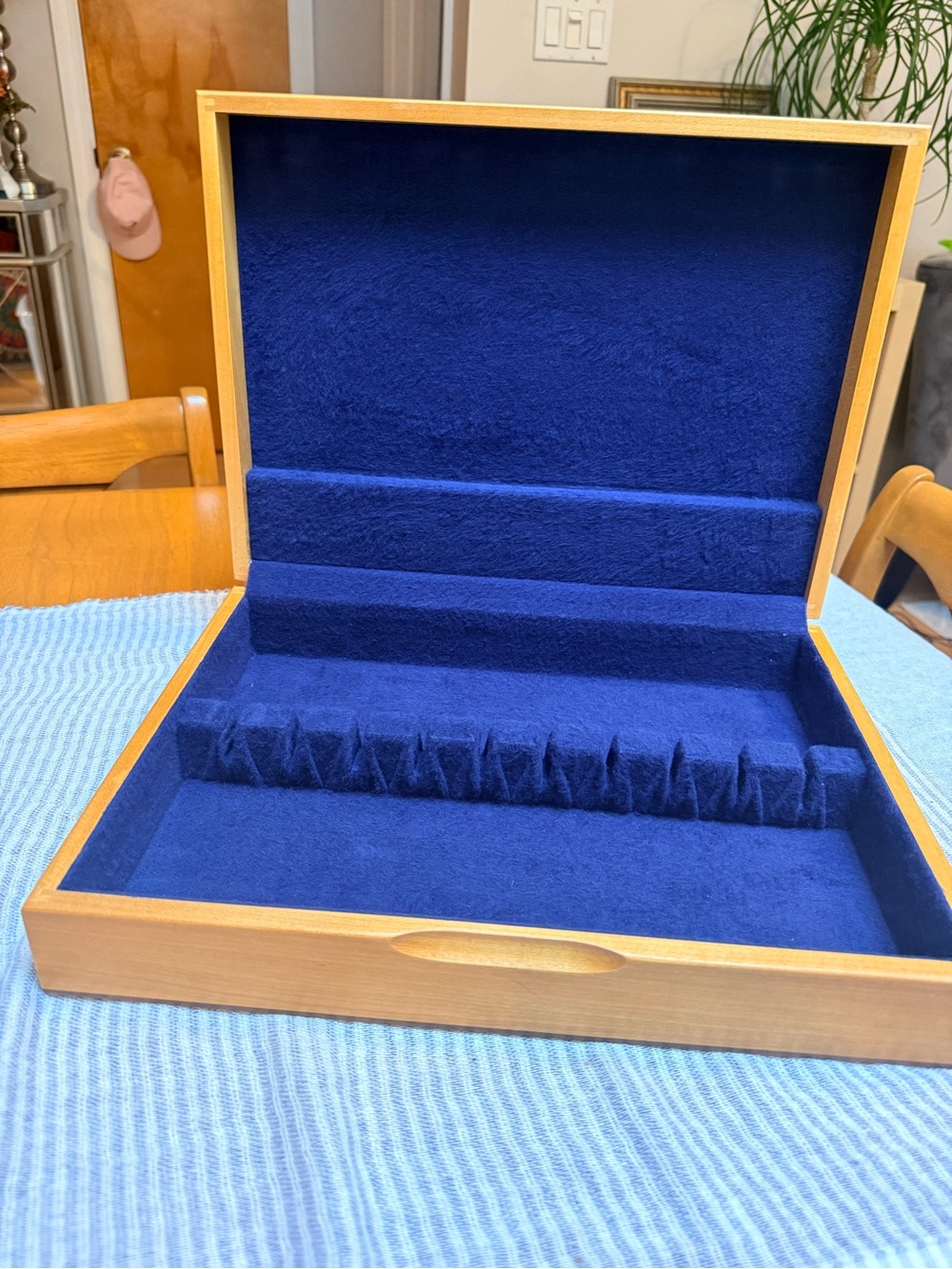 Vintage Wooden Silverware Chest / Flatware Storage Box – Blue Felt Interior